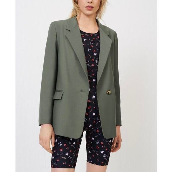 MAJE Vasta Wool Suit Blazer Womens Small Olive Khaki Stretch Oversized Office - Picture 1 of 16
